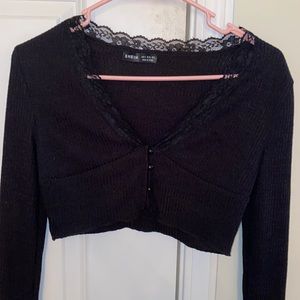 Black Cropped Button Up with Lace Trim